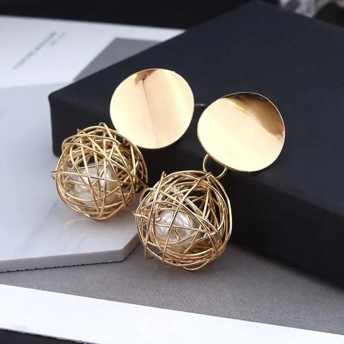 14K gold Plated Nest Pearl Ball Stud Earrings