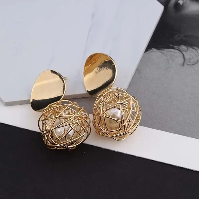 14K gold Plated Nest Pearl Ball Stud Earrings