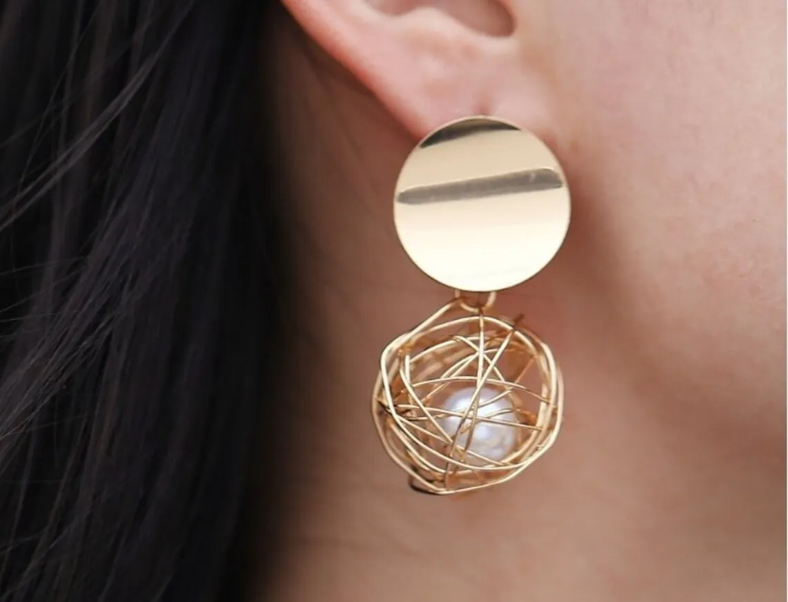 14K gold Plated Nest Pearl Ball Stud Earrings