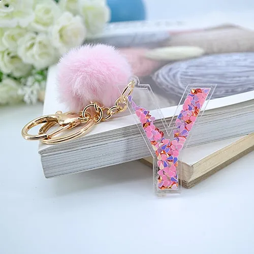 1PC Women Letter Keychains  26 Glitter Hollowed-Out English Alphabet  Keyring Handbag Crafts with Puffer Ball