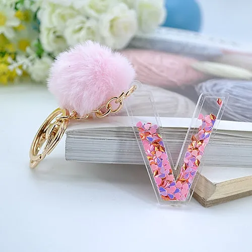 1PC Women Letter Keychains  26 Glitter Hollowed-Out English Alphabet  Keyring Handbag Crafts with Puffer Ball