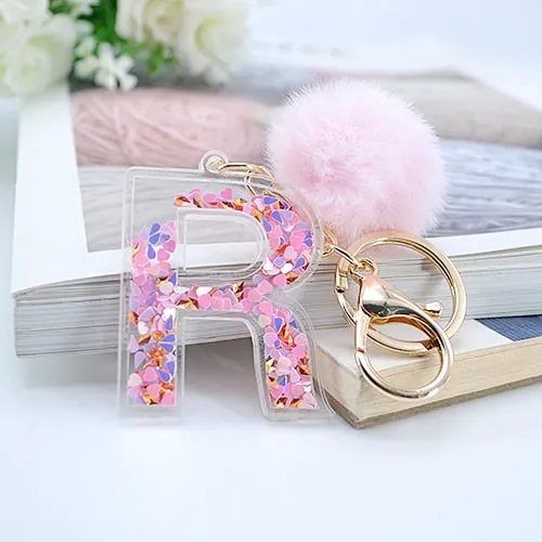 1PC Women Letter Keychains  26 Glitter Hollowed-Out English Alphabet  Keyring Handbag Crafts with Puffer Ball