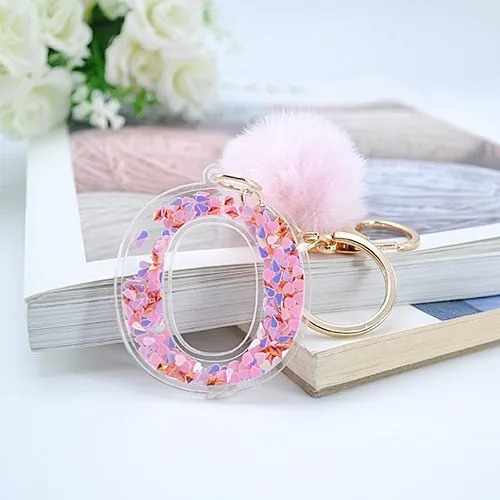 1PC Women Letter Keychains  26 Glitter Hollowed-Out English Alphabet  Keyring Handbag Crafts with Puffer Ball