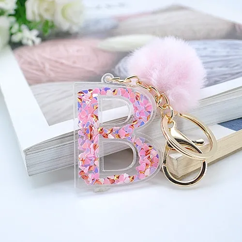 1PC Women Letter Keychains  26 Glitter Hollowed-Out English Alphabet  Keyring Handbag Crafts with Puffer Ball