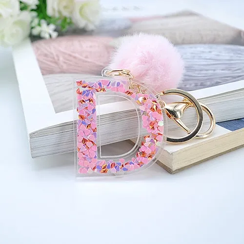 1PC Women Letter Keychains  26 Glitter Hollowed-Out English Alphabet  Keyring Handbag Crafts with Puffer Ball