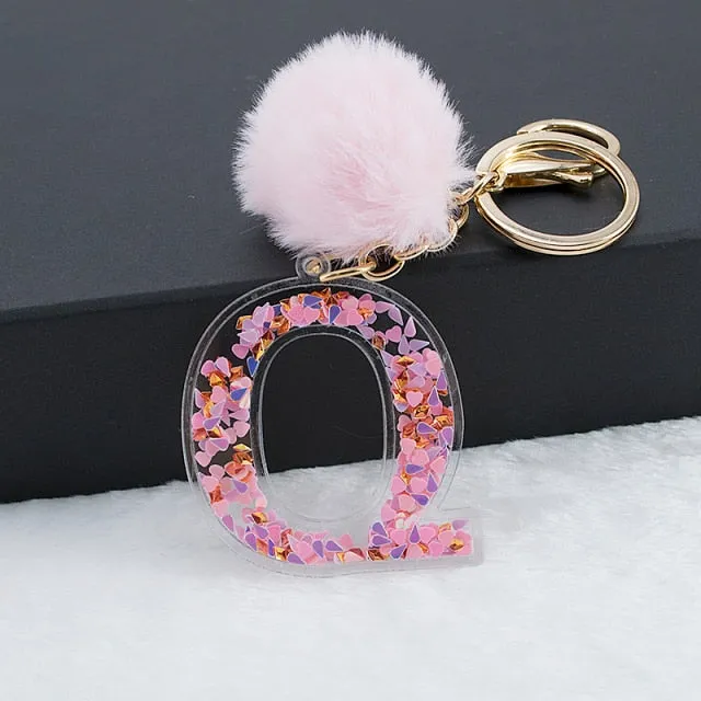 1PC Women Letter Keychains  26 Glitter Hollowed-Out English Alphabet  Keyring Handbag Crafts with Puffer Ball