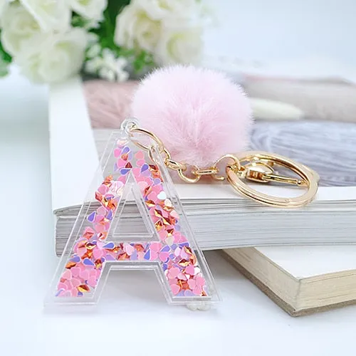 1PC Women Letter Keychains  26 Glitter Hollowed-Out English Alphabet  Keyring Handbag Crafts with Puffer Ball