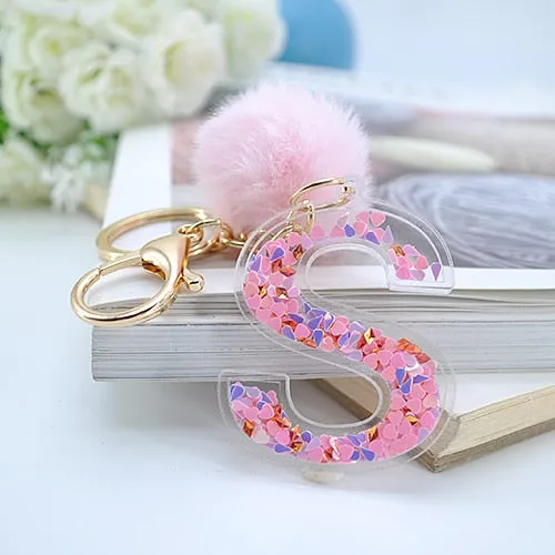 1PC Women Letter Keychains  26 Glitter Hollowed-Out English Alphabet  Keyring Handbag Crafts with Puffer Ball