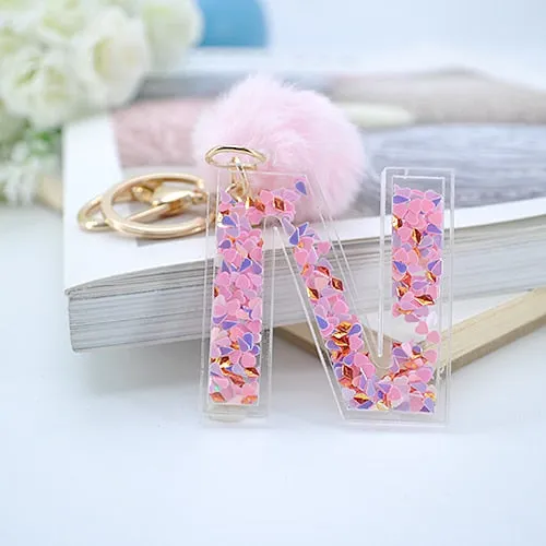 1PC Women Letter Keychains  26 Glitter Hollowed-Out English Alphabet  Keyring Handbag Crafts with Puffer Ball