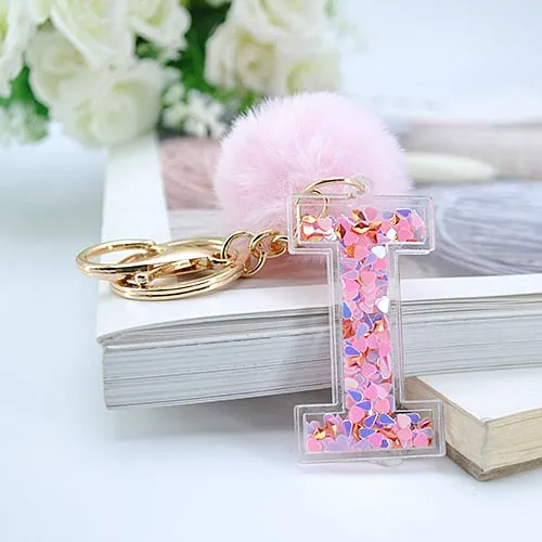 1PC Women Letter Keychains  26 Glitter Hollowed-Out English Alphabet  Keyring Handbag Crafts with Puffer Ball