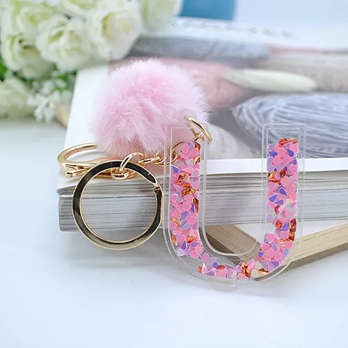 1PC Women Letter Keychains  26 Glitter Hollowed-Out English Alphabet  Keyring Handbag Crafts with Puffer Ball