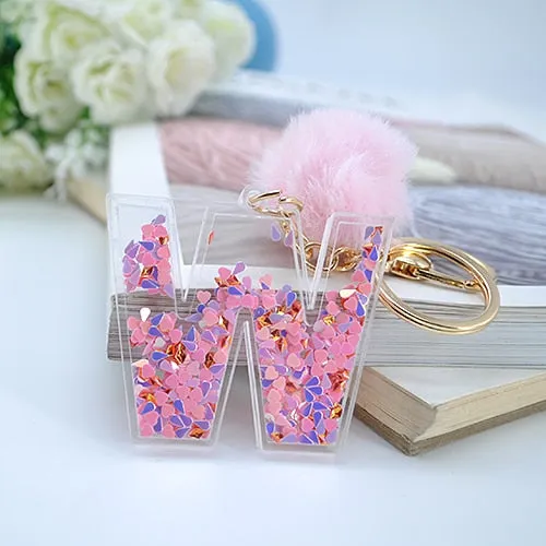 1PC Women Letter Keychains  26 Glitter Hollowed-Out English Alphabet  Keyring Handbag Crafts with Puffer Ball