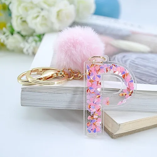 1PC Women Letter Keychains  26 Glitter Hollowed-Out English Alphabet  Keyring Handbag Crafts with Puffer Ball