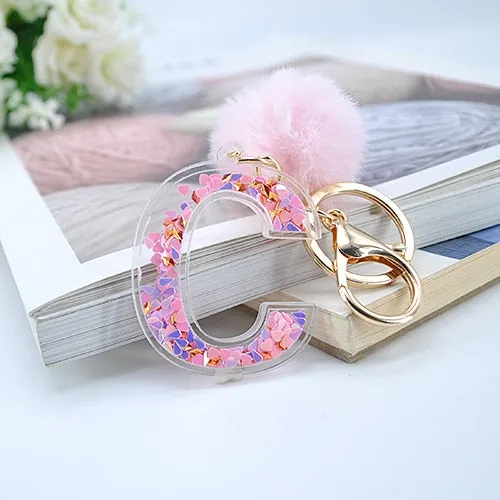 1PC Women Letter Keychains  26 Glitter Hollowed-Out English Alphabet  Keyring Handbag Crafts with Puffer Ball