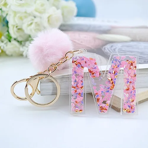 1PC Women Letter Keychains  26 Glitter Hollowed-Out English Alphabet  Keyring Handbag Crafts with Puffer Ball