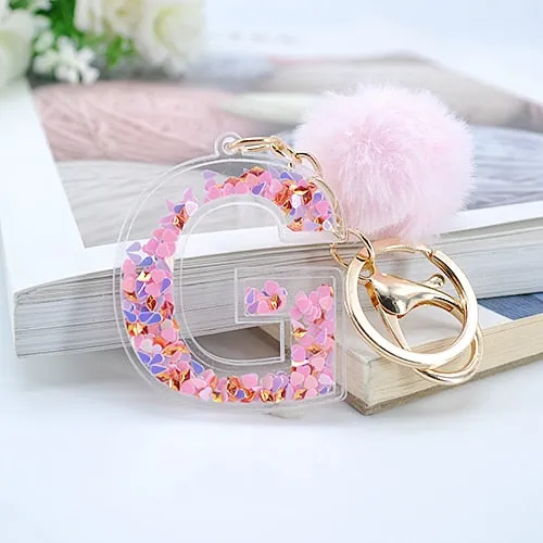 1PC Women Letter Keychains  26 Glitter Hollowed-Out English Alphabet  Keyring Handbag Crafts with Puffer Ball