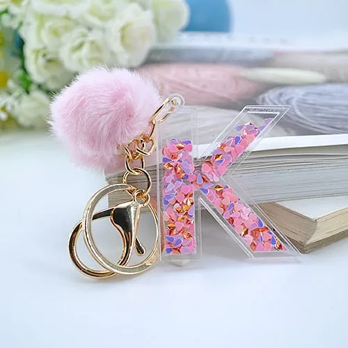 1PC Women Letter Keychains  26 Glitter Hollowed-Out English Alphabet  Keyring Handbag Crafts with Puffer Ball