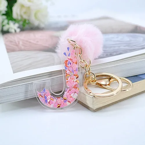 1PC Women Letter Keychains  26 Glitter Hollowed-Out English Alphabet  Keyring Handbag Crafts with Puffer Ball