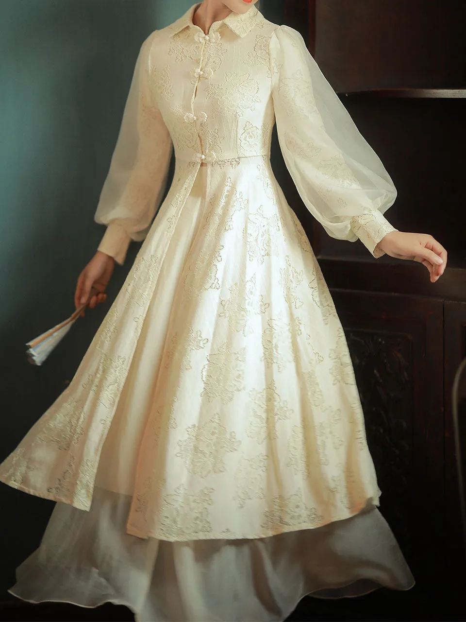 2PS Apricot Eton Collar Lace Swing Dress With Swing Skirt