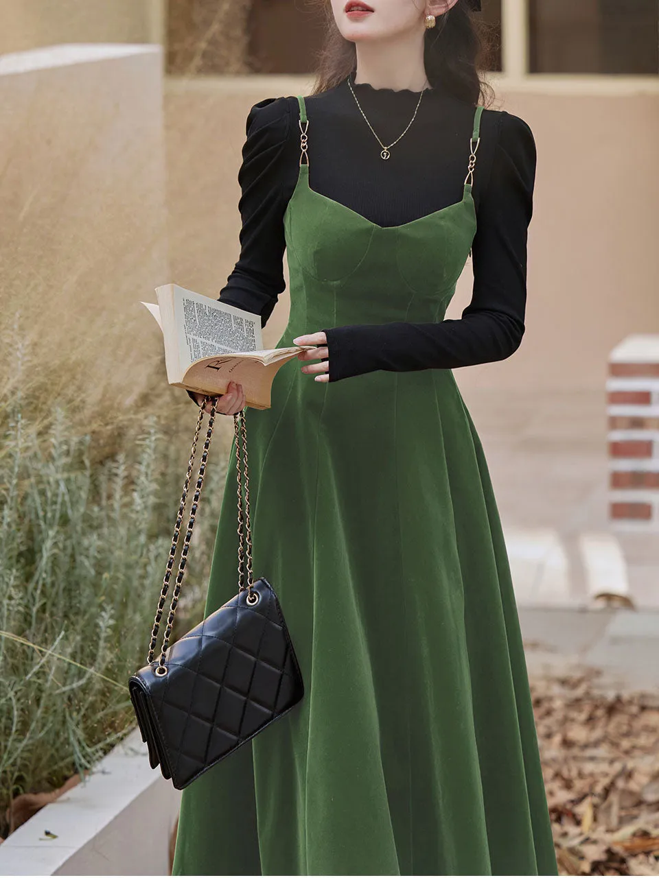 2PS Green Strap Suspender 1950S Dress With Black Sweater