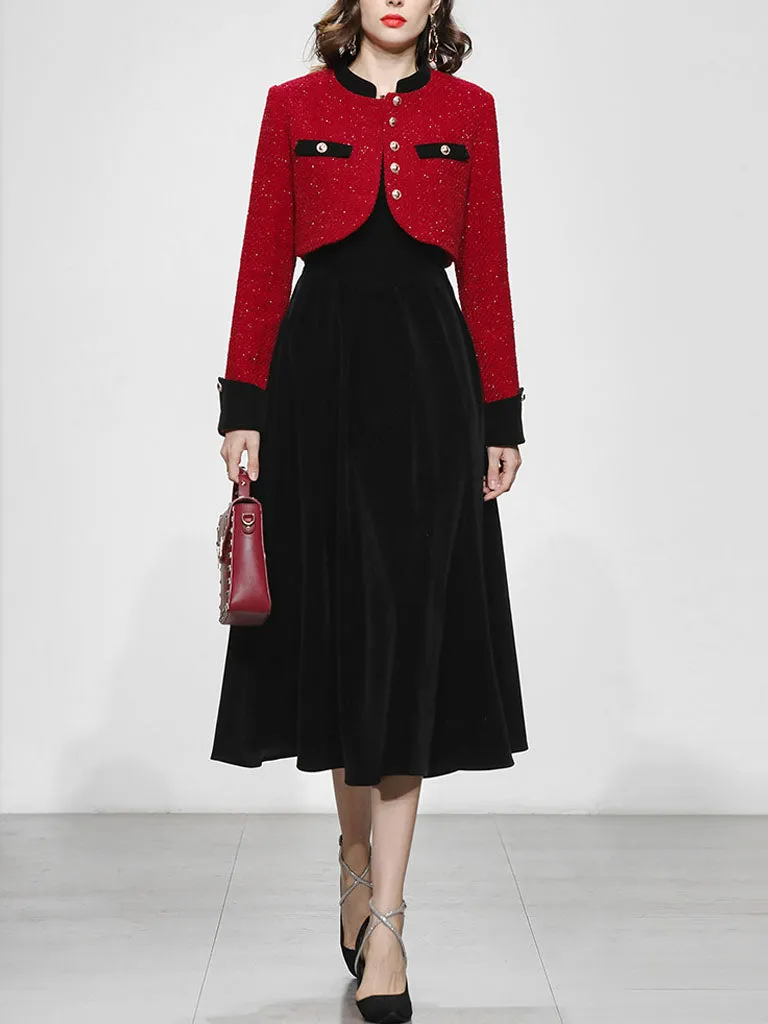 2PS Red Tweed Jacket Coat And Black Velvet Dress Set