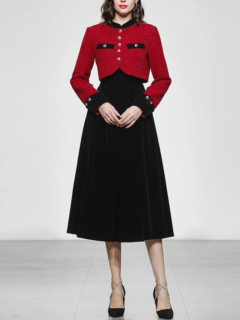 2PS Red Tweed Jacket Coat And Black Velvet Dress Set