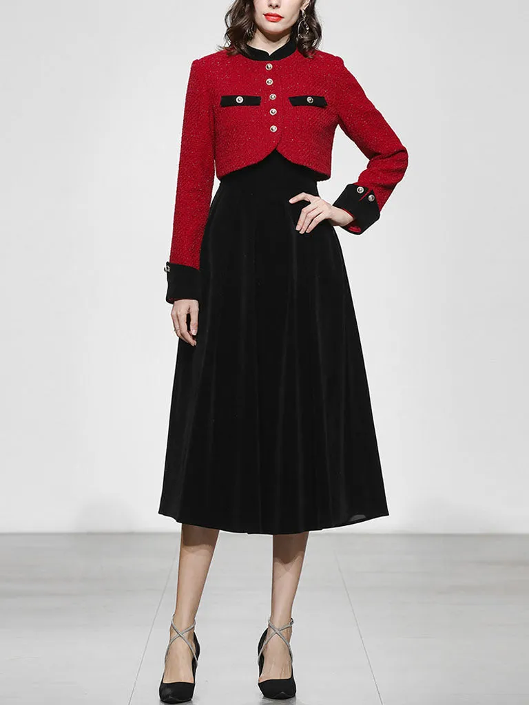 2PS Red Tweed Jacket Coat And Black Velvet Dress Set