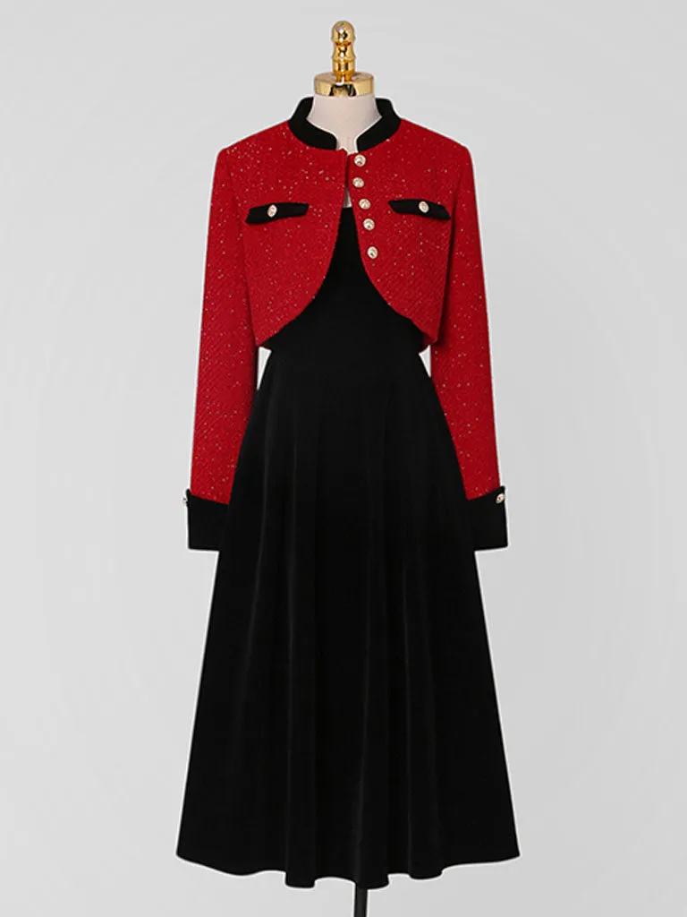 2PS Red Tweed Jacket Coat And Black Velvet Dress Set