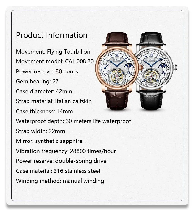 80H Power Reserve Manual Flying Tourbillon Mechanical Watch for Men