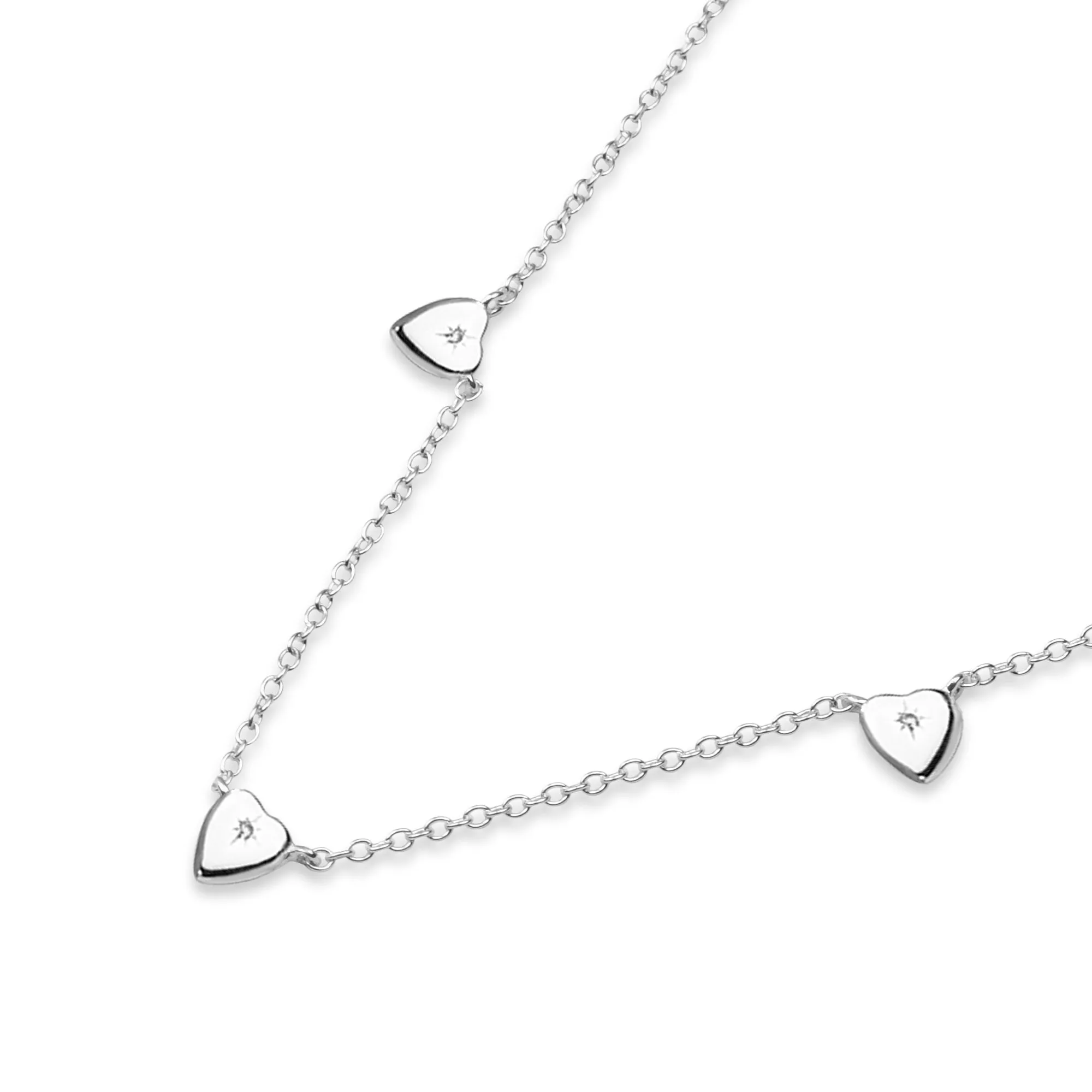 925 Pure Sterling Silver Sparkle Heart Station Necklace For Women