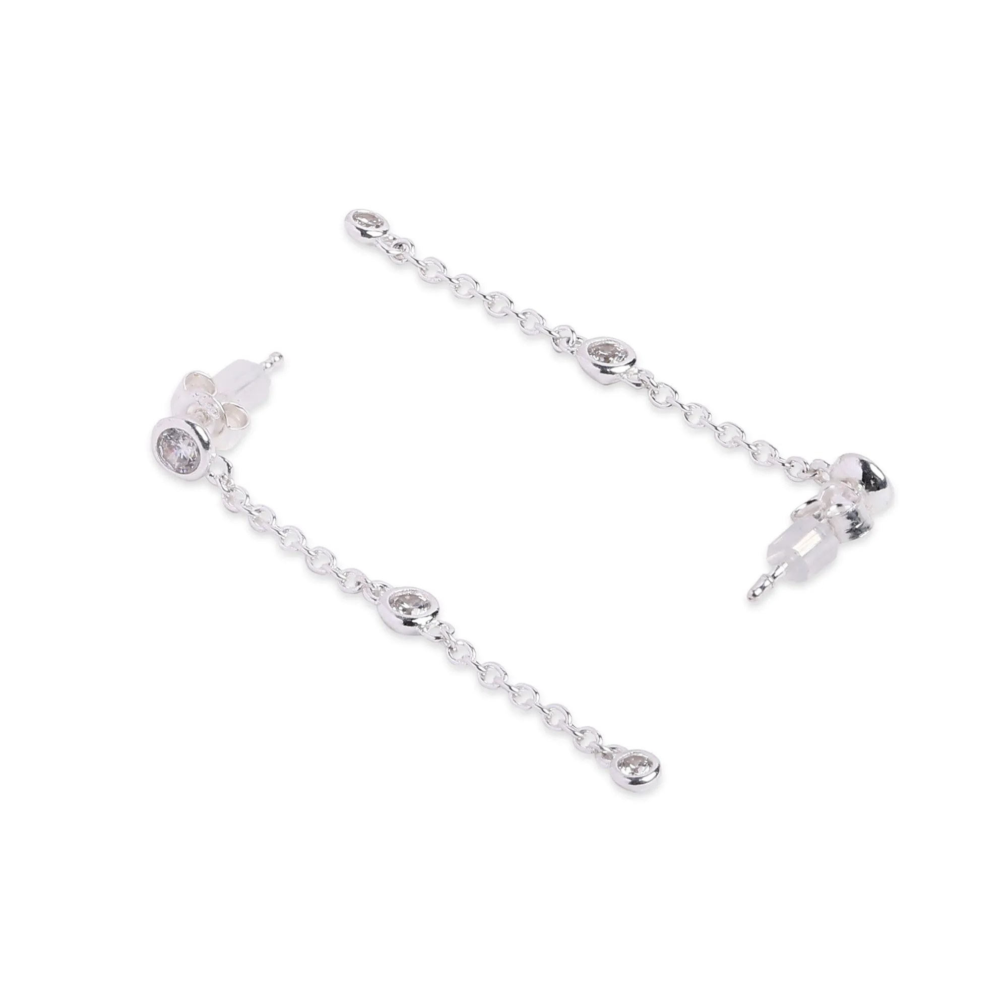 925 Pure Sterling Silver Sparkle Station Long Drop Earrings For Women