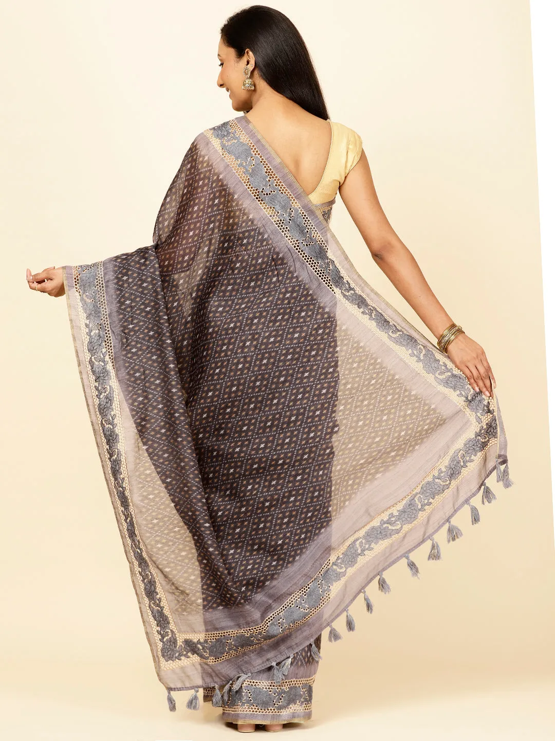 Abstract Print Cotton Saree with Tassels