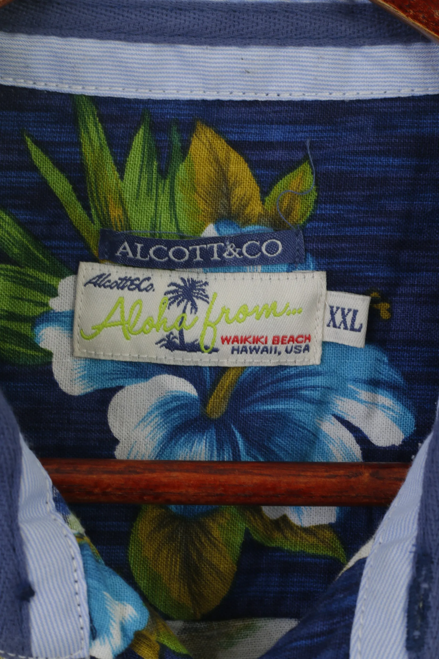 Alcott & Co Men XXL Casual Shirt Blue Linen Cotton Aloha Hawaii Floral Short Sleeve Top