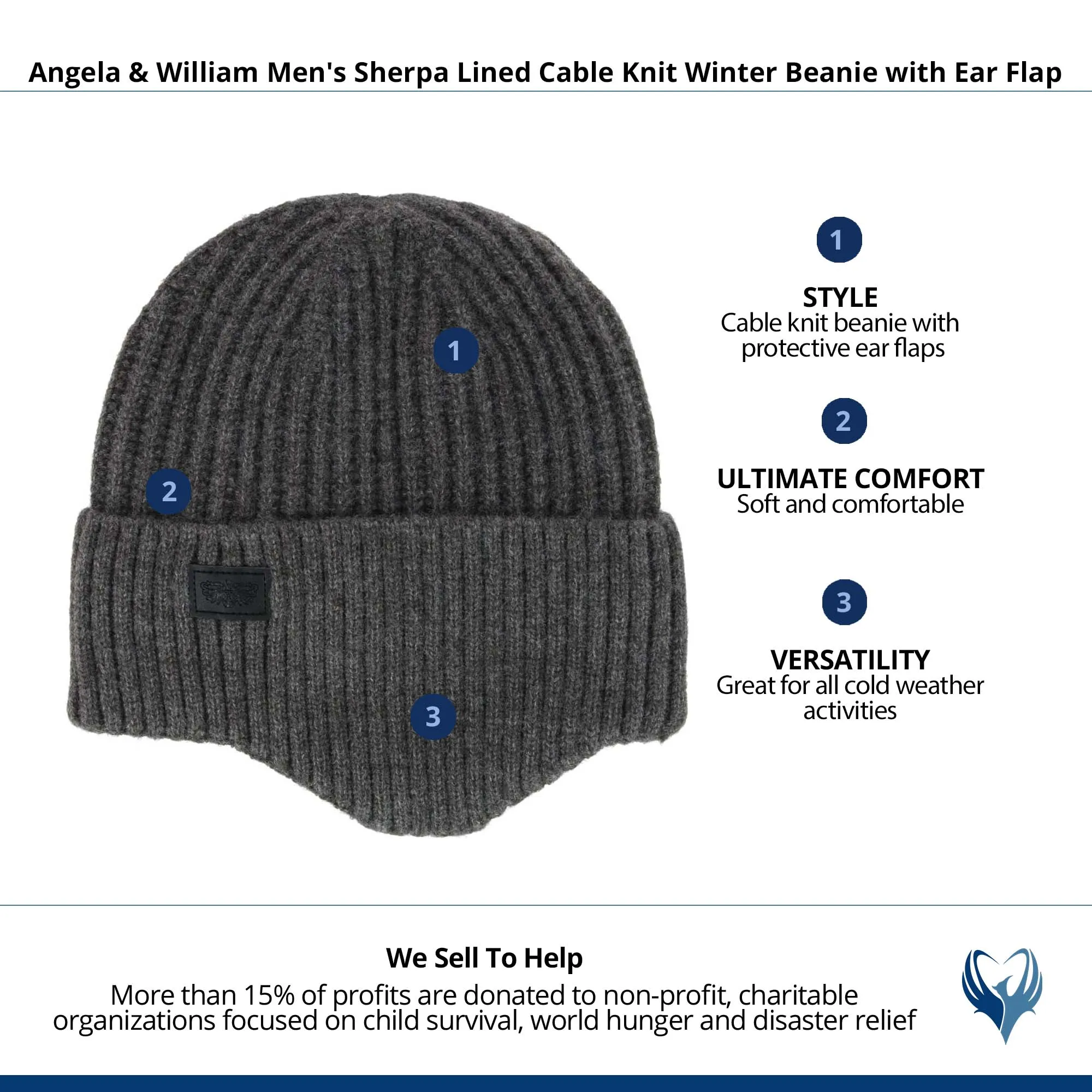 Angela & William Men's Sherpa Lined Cable Knit Winter Beanie with Ear Flap