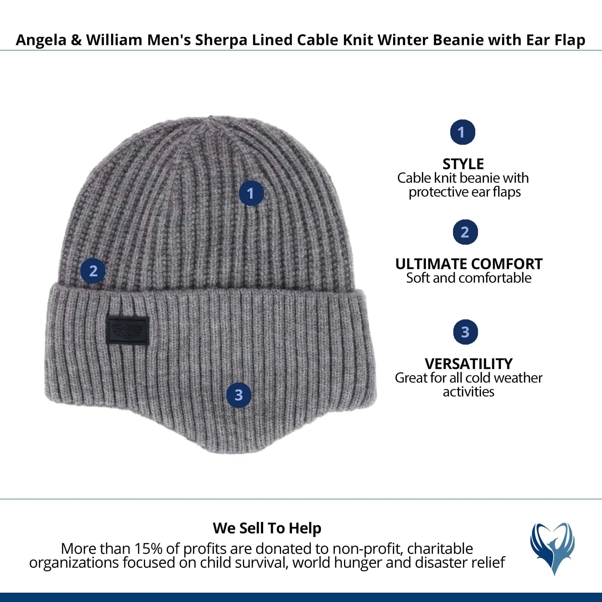 Angela & William Men's Sherpa Lined Cable Knit Winter Beanie with Ear Flap