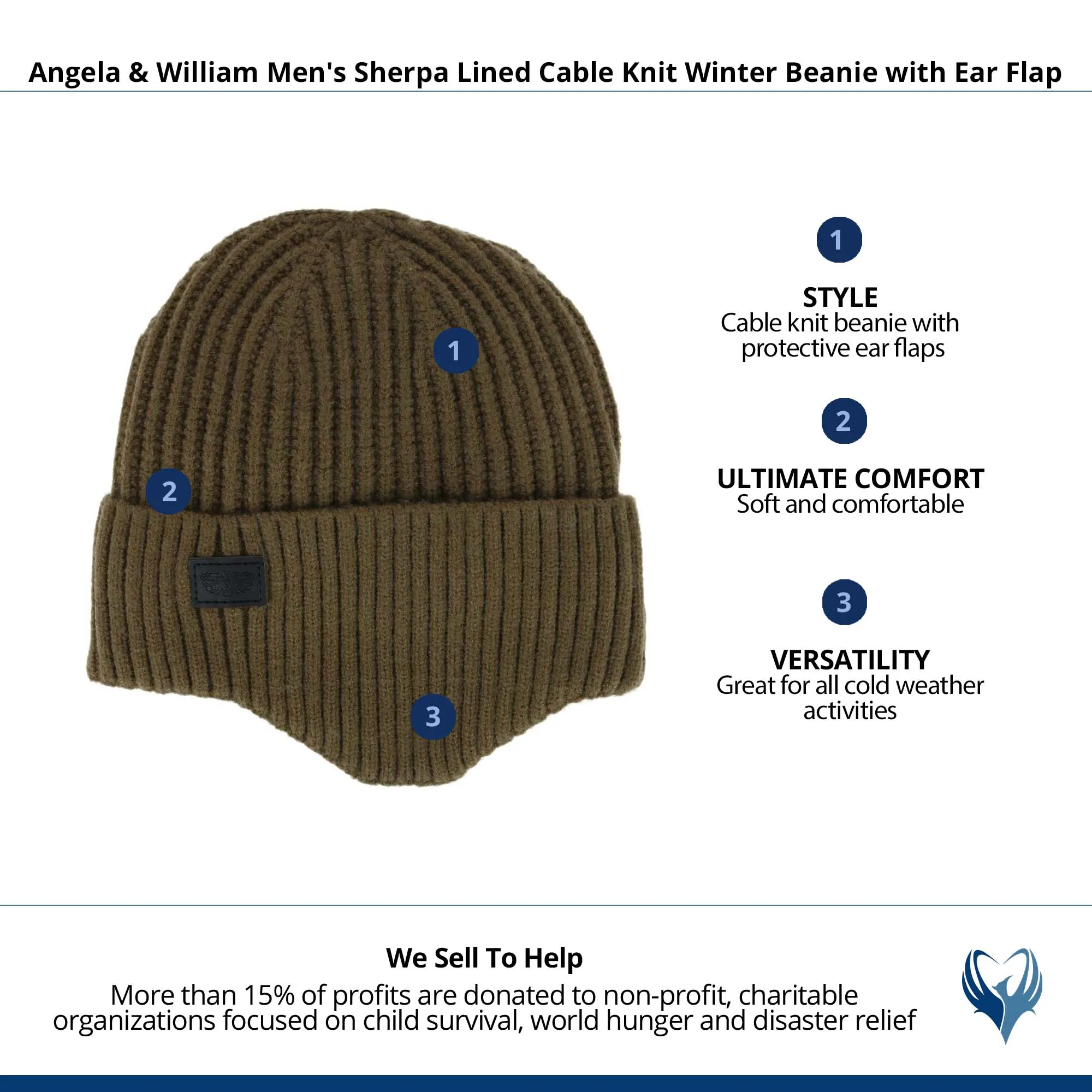 Angela & William Men's Sherpa Lined Cable Knit Winter Beanie with Ear Flap