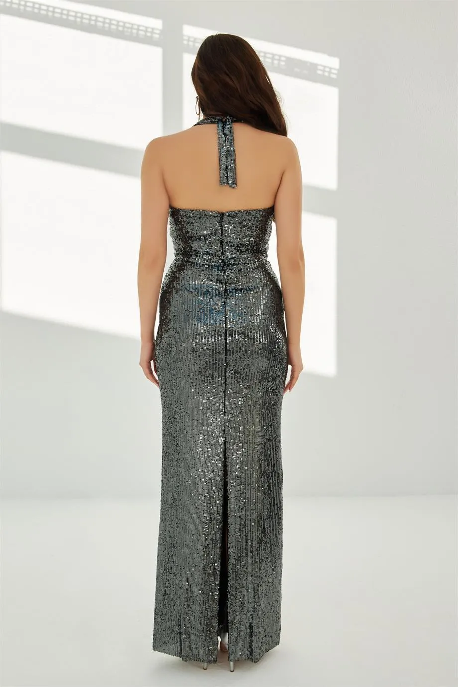 Angelino Black Sequined Mid-cut Long Evening Dress