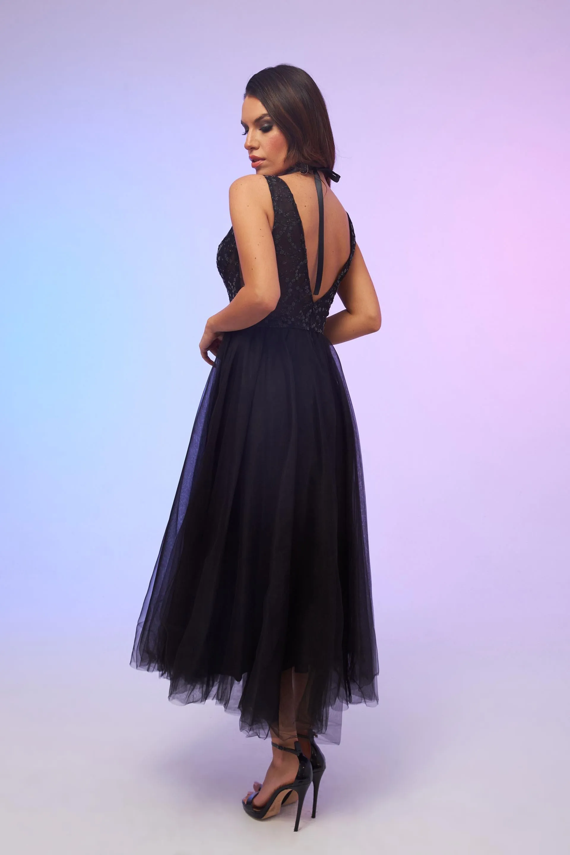 Angelino Black Tulle Low-Rise Midi Dress