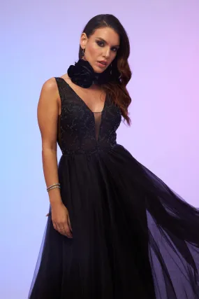 Angelino Black Tulle Low-Rise Midi Dress