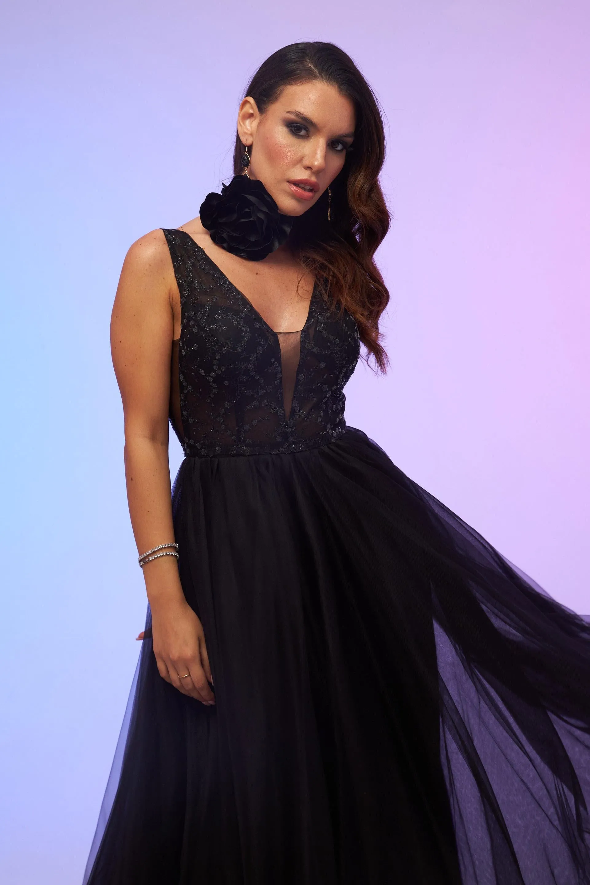 Angelino Black Tulle Low-Rise Midi Dress