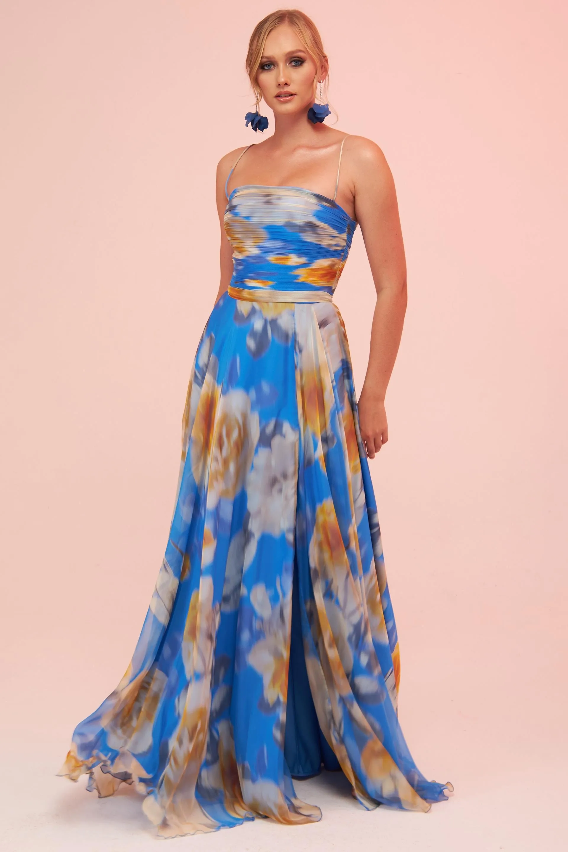 Angelino Blue Strap Slit Printed Evening Dress