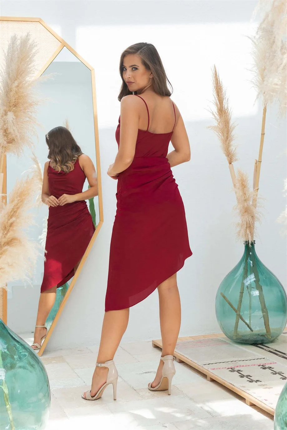 Angelino Burgundy Satin Strap Neckline Short Evening Dress