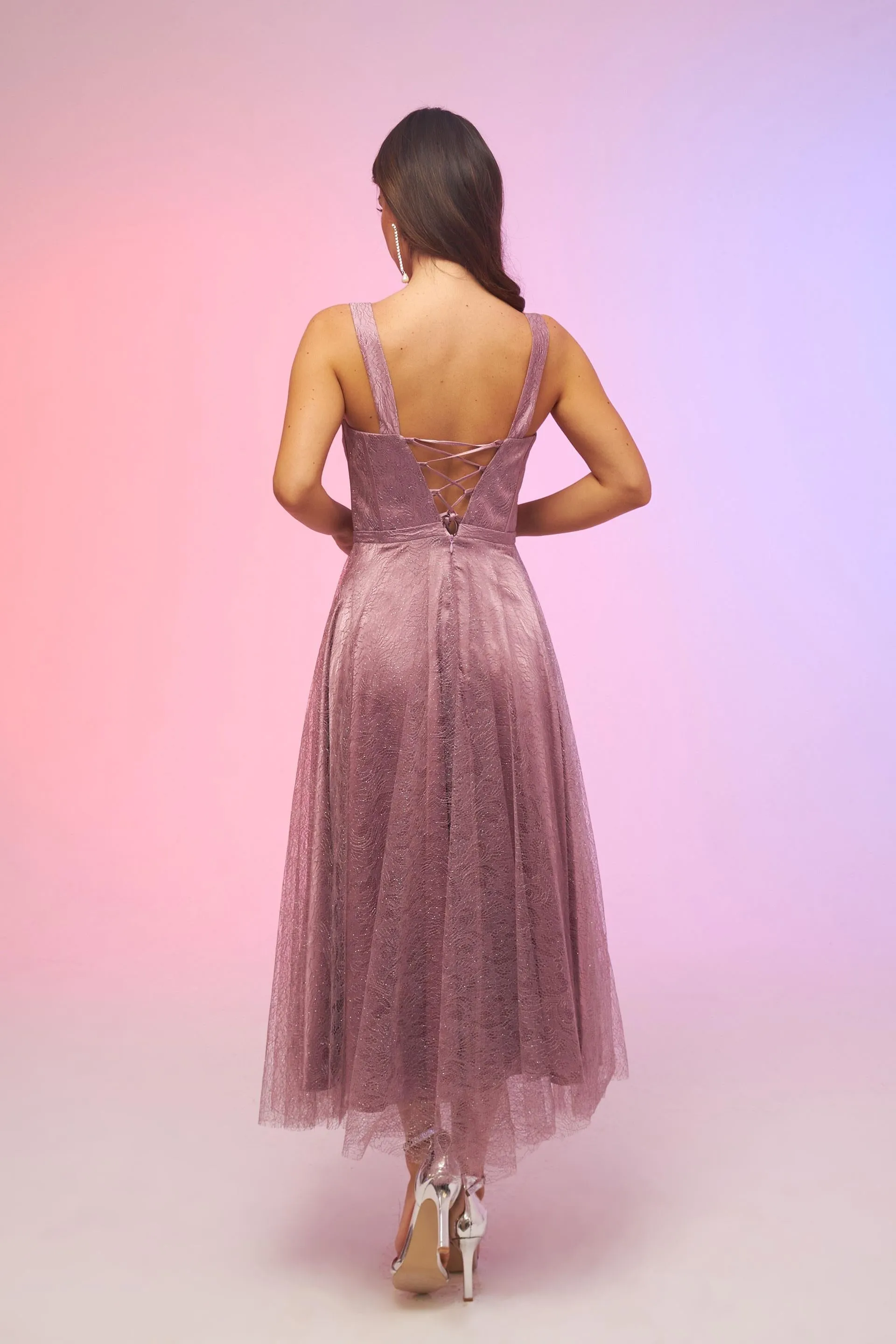 Angelino Lavender Tie Back Glittery Tulle Midi Engagement Dress