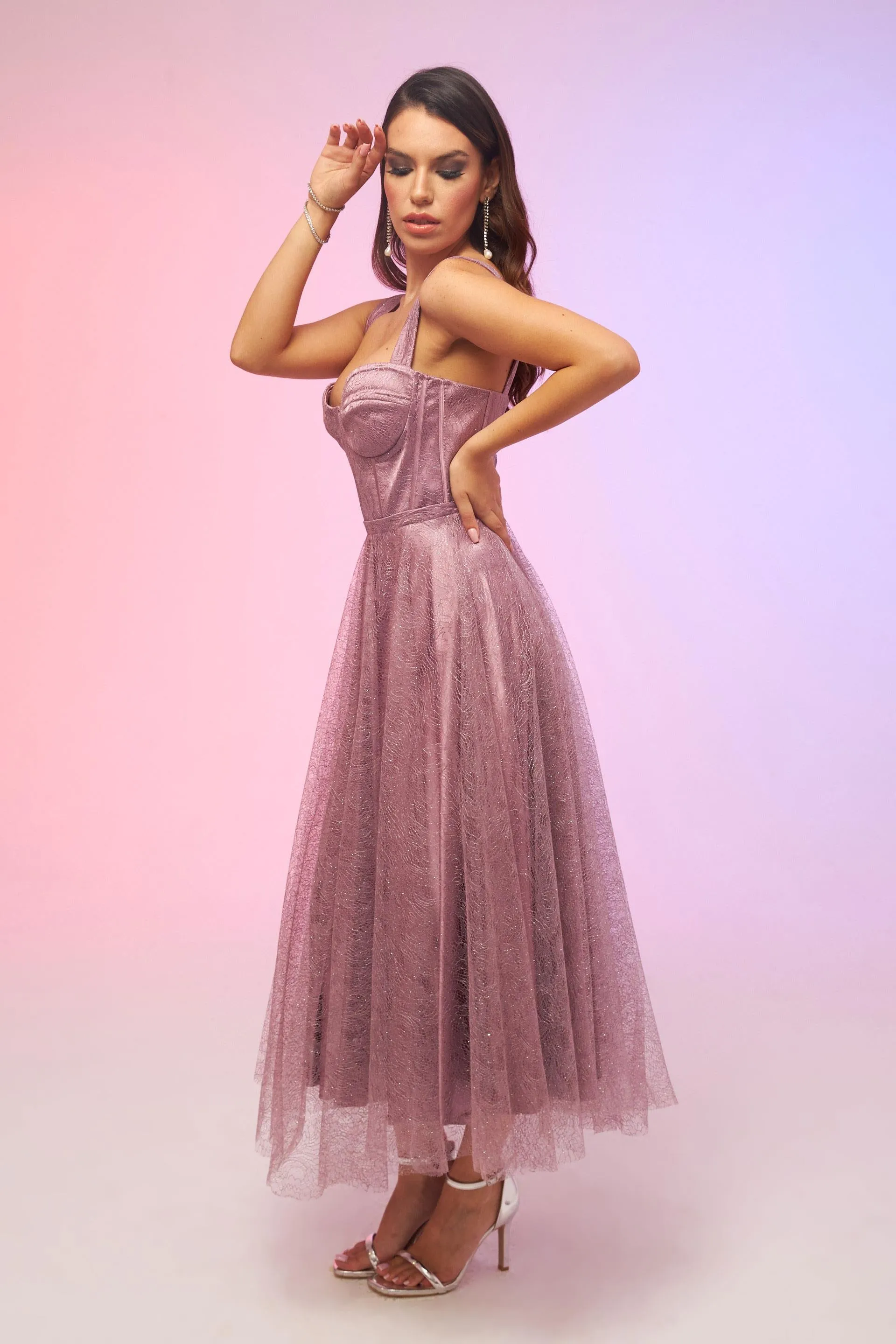 Angelino Lavender Tie Back Glittery Tulle Midi Engagement Dress