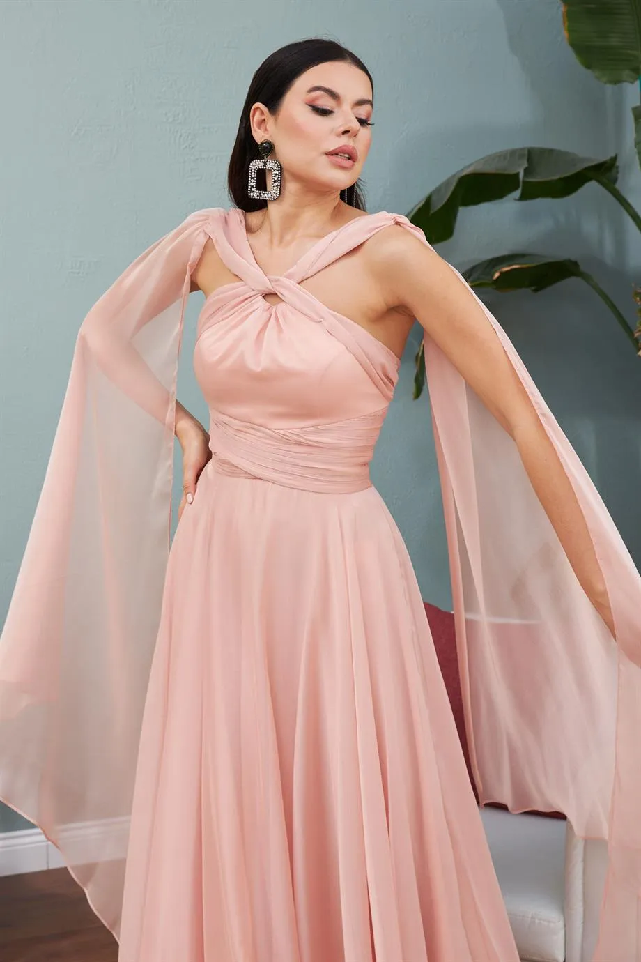 Angelino Powder Chiffon Waist Shirred Long Evening Dress