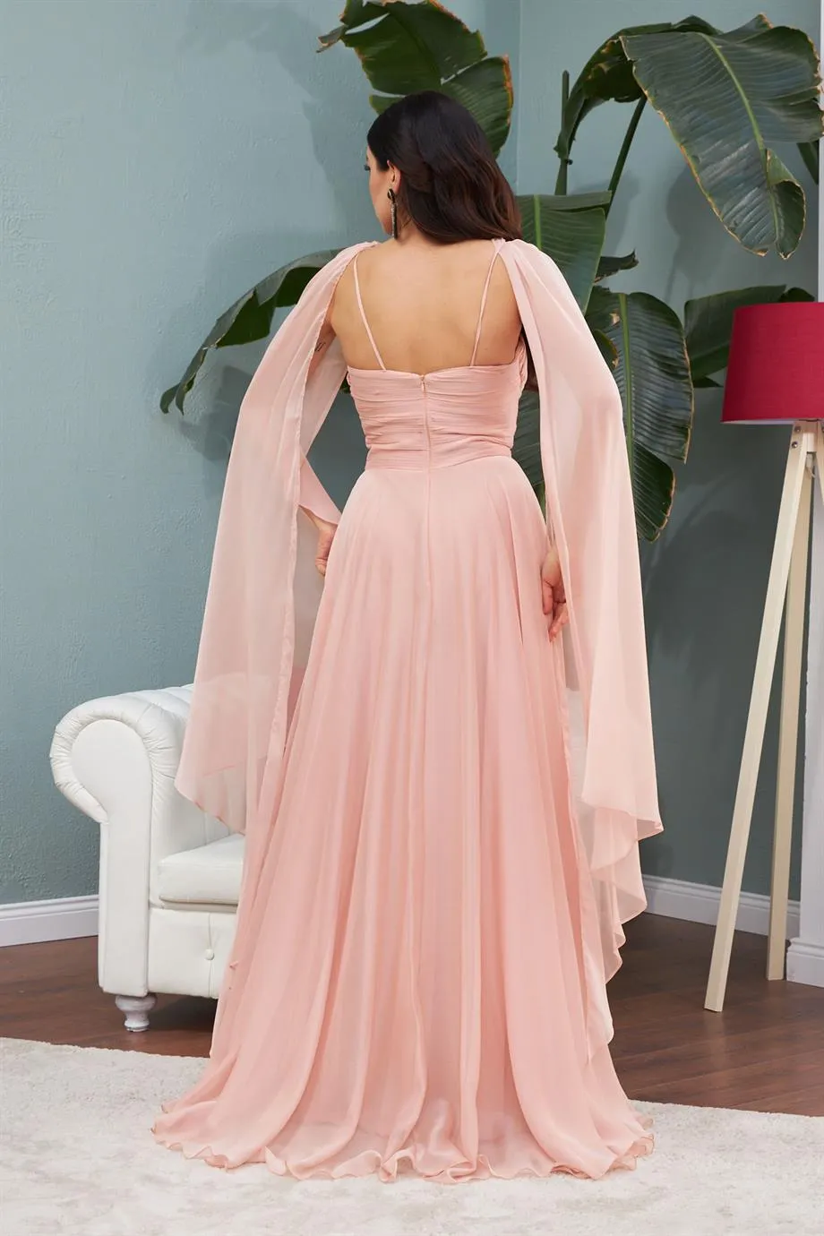 Angelino Powder Chiffon Waist Shirred Long Evening Dress