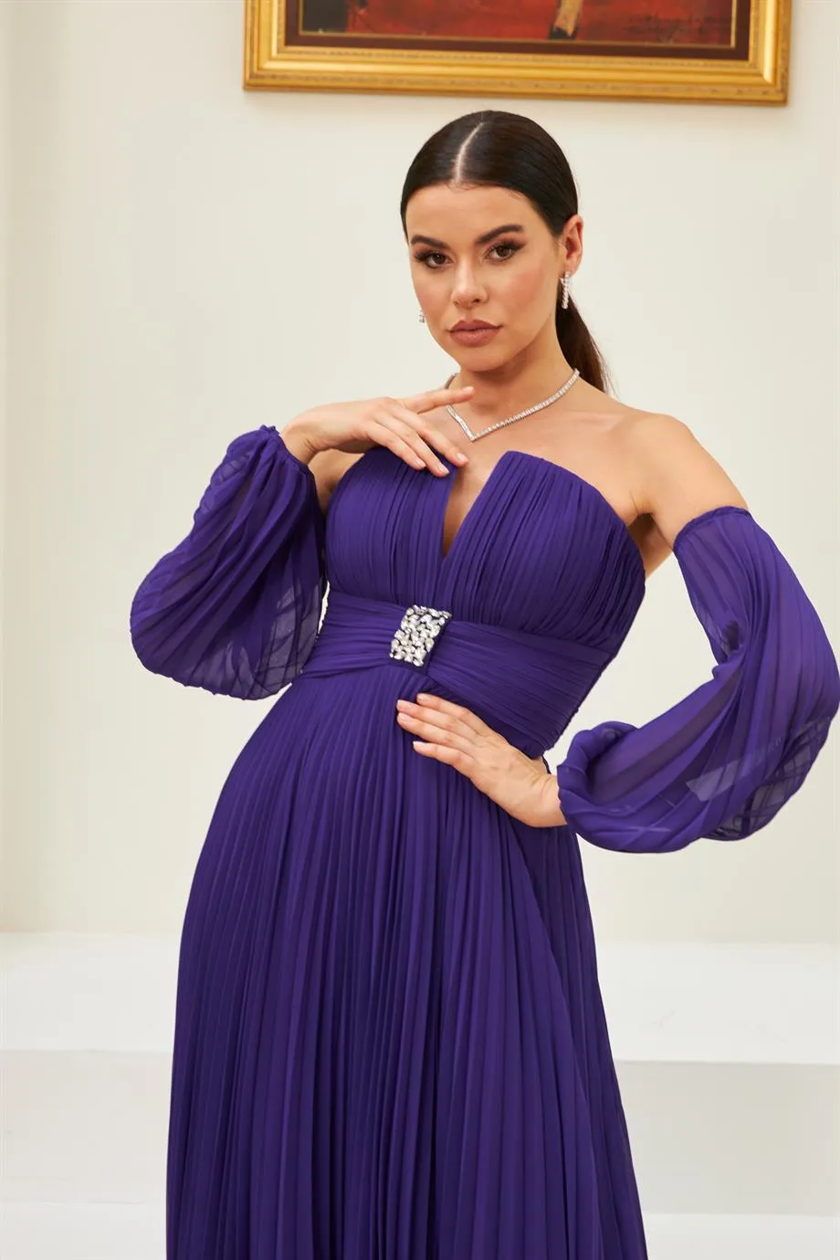 Angelino purple chiffon belt detailed long evening dress dress