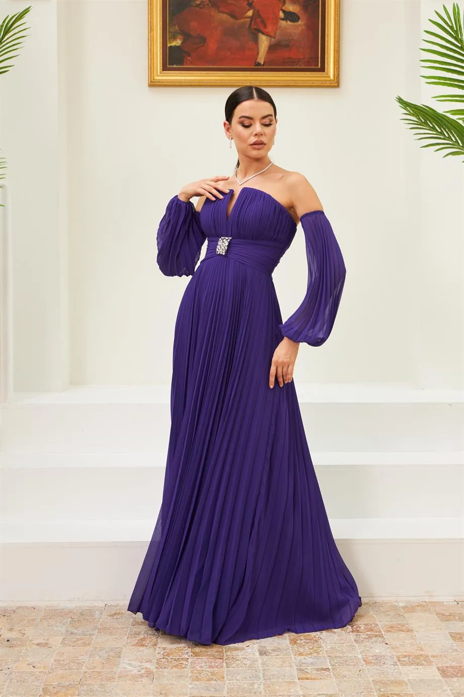 Angelino purple chiffon belt detailed long evening dress dress