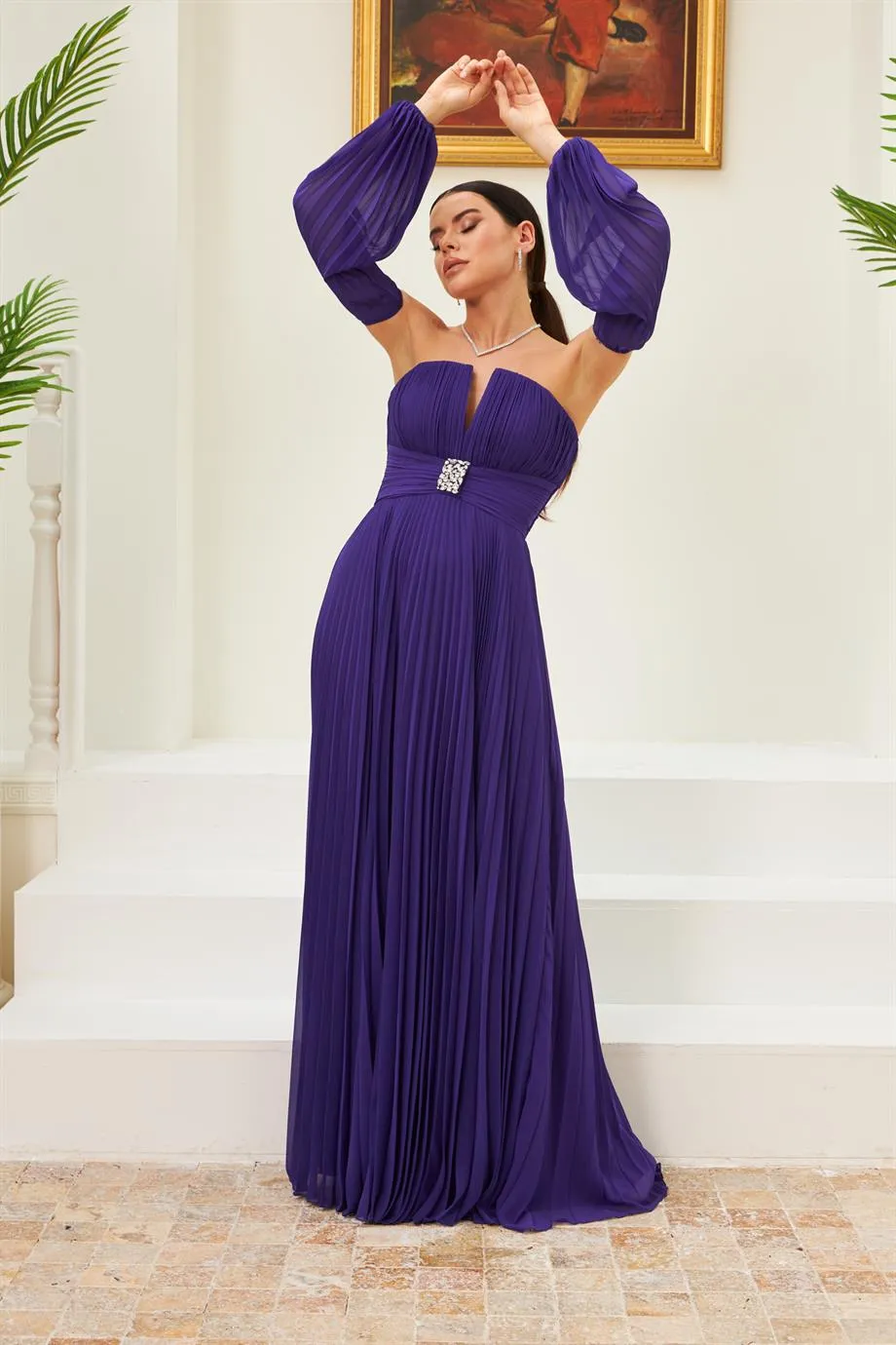 Angelino purple chiffon belt detailed long evening dress dress