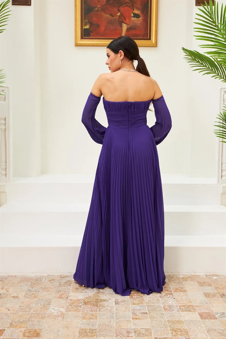 Angelino purple chiffon belt detailed long evening dress dress